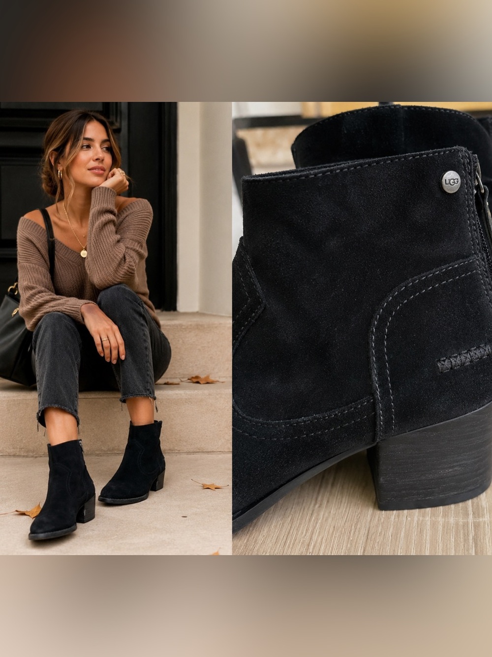 UGG Black Suede Western Ankle Boots Size 8.5 Block Heel